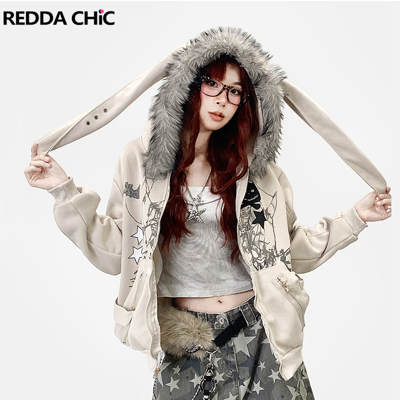 Graphic Hoodie Streetwear - REDDACHiC Aesthetic Zip Up Graphic Hoodies