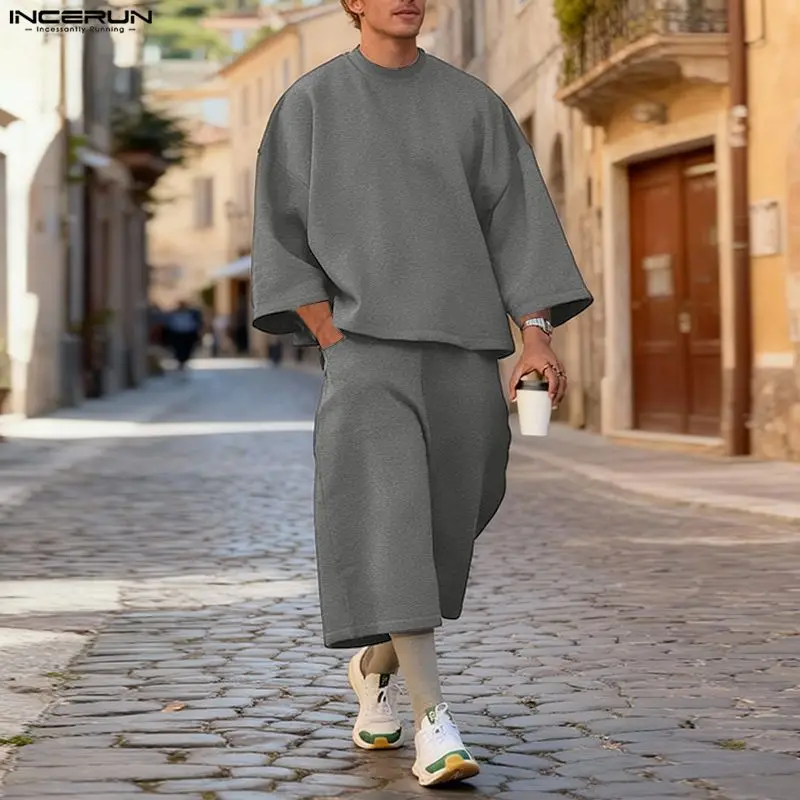 Fashion Streetwear - INCERUN Men Sets Solid Color Baggy