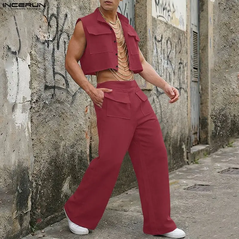 Street Fashion Casual - INCERUN Men Sets Solid Sleeveless Crop