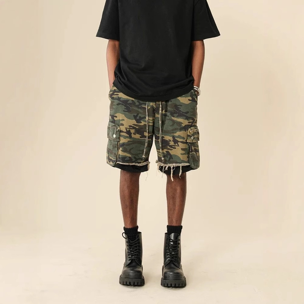 Street Fashion Jeans Men - American Streetwear Raw-edge Washed Vintage Camouflage