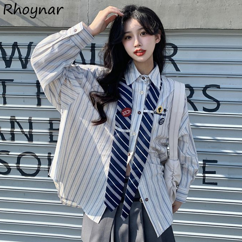 Street Fashion In Japanese - Striped Shirts Women Baggy Preppy Sweet