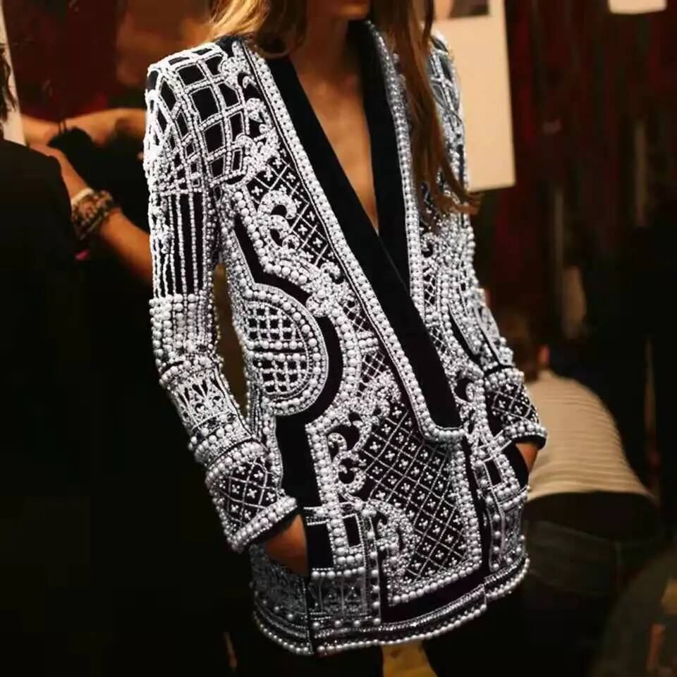 Fashion Beading V Neck Blazers - Street Fashion Taiwan 评论和价格