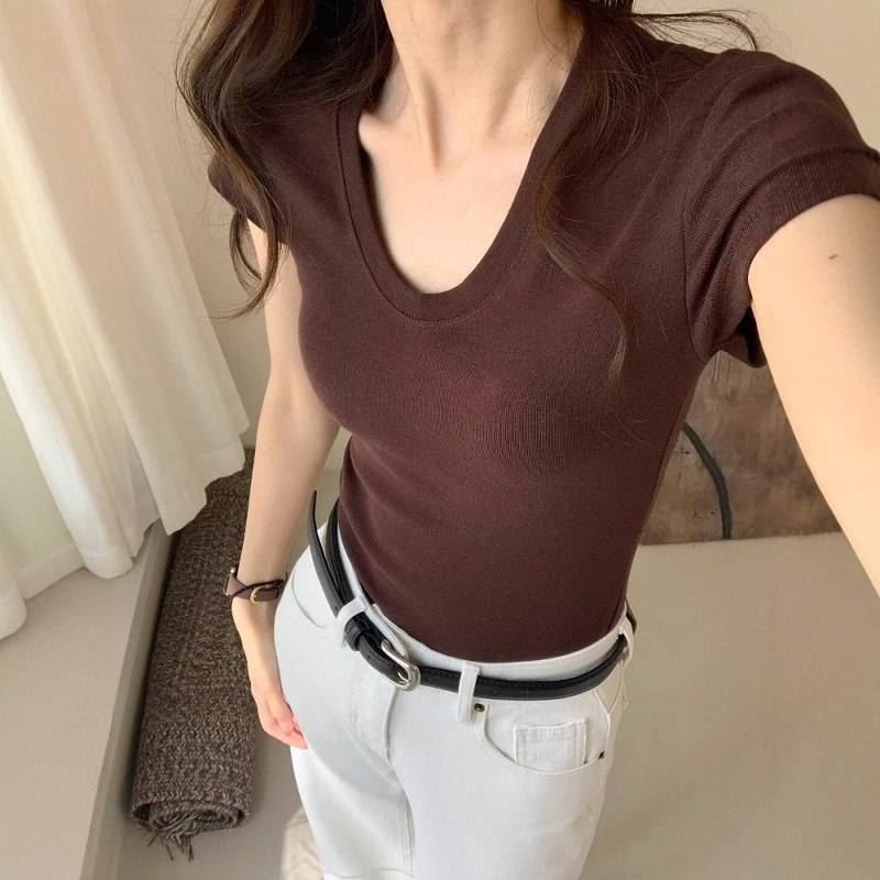 U-Neck Shoulder Short Sleeve T - Fashion Streetwear 评论和价格