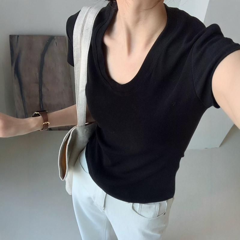 U-Neck Shoulder Short Sleeve T - Fashion Streetwear 评论和价格