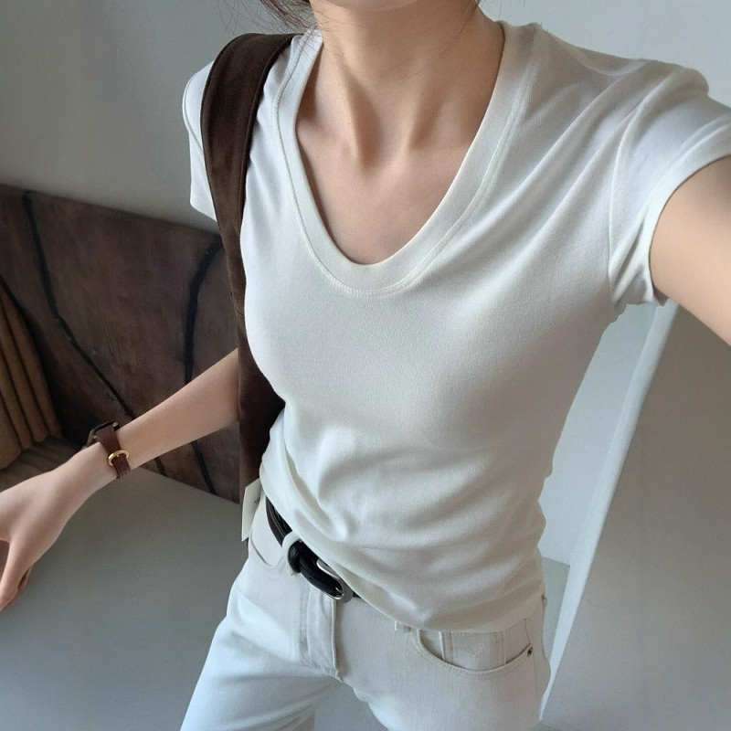 U-Neck Shoulder Short Sleeve T - Fashion Streetwear 评论和价格