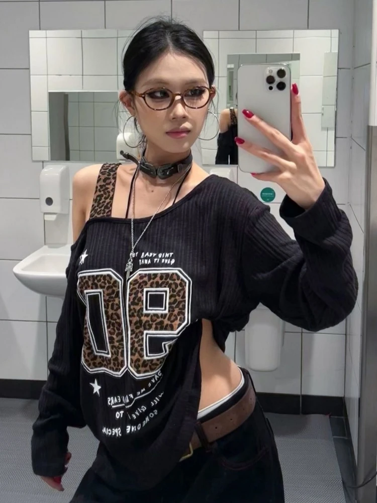 Y2K Patchwork Leopard Print T- - Fashion Streetwear 评论和价格