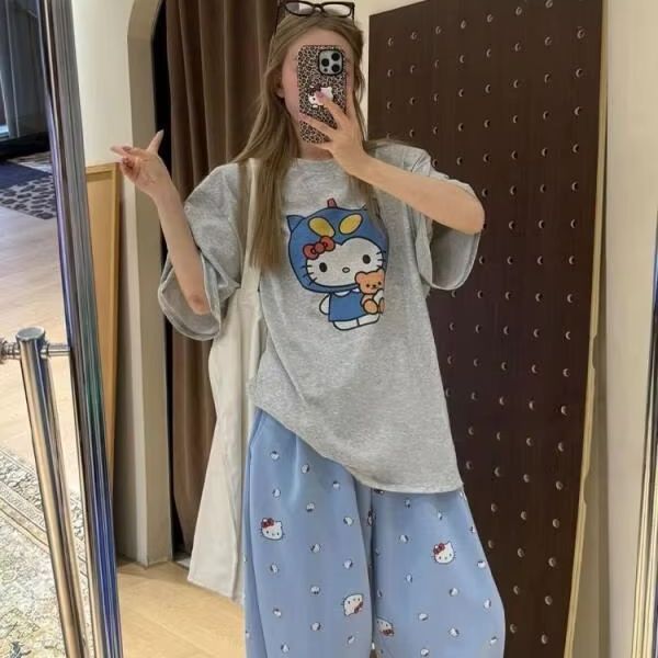 Short Sleeved Hello Kitty Prin - Street Fashion Casual 评论和价格
