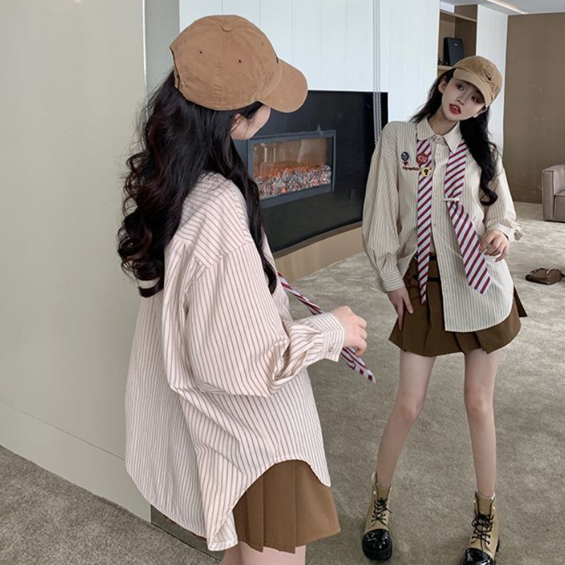 Striped Shirts Women Baggy Pre - Street Fashion In Japanese 评论和价格